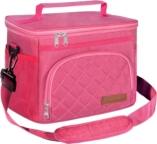 ExtraCharm Insulated Lunch Bag for Women/Men - Reusable Lunch Box for Office Picnic Hiking Beach - Leakproof Cooler Tote Bag Organizer with Adjustable Shoulder Strap for Adults-Pink