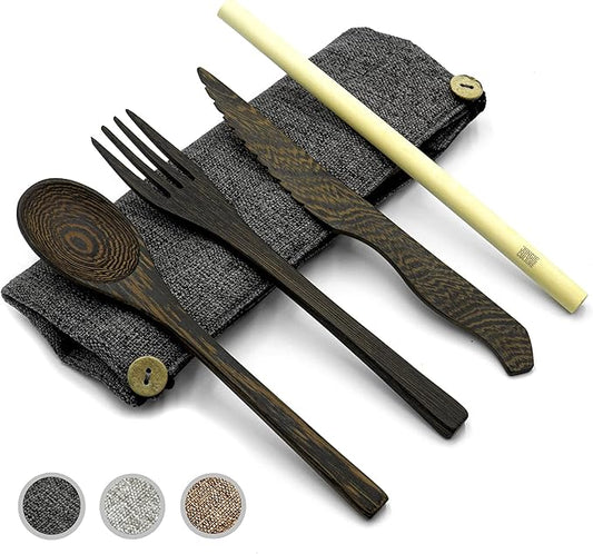 Jungle Culture® Premium Wooden Travel Utensils • Knife, Fork, Spoon, Straw, Case • Eco Friendly Alternative to Bamboo Cutlery • Coconut Bowls Zero Waste Reusable Flatware • Portable Camping Picnic Set