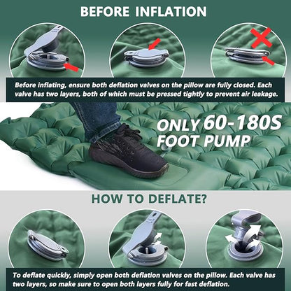 Double Sleeping Pad for Camping, Ultralight Camping Mattress with Pillow, Built-in Foot Pump, Thick Self-Inflatable 2-Person Portable Mat for Backpacking Hiking Car Traveling Beach Tent