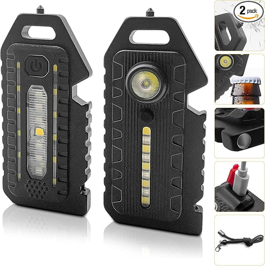2 Pcs LED Small Flashlight, Bright Rechargeable Keychain Flashlights 3 Light Modes Portable Magnetic Pocket Light with Hanging Rope Bottle Opener Window Breaker Whistle for Fishing Camping