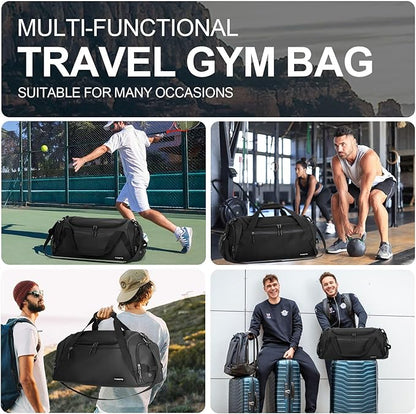 FIORETTO 43L Mens Sports Gym Bag with Wet Pocket & Shoe Compartment, Travel Duffle Bag Overnight Bag with Padded Shoulder Strap, Holdall for Swimming, Basketball, Football Black