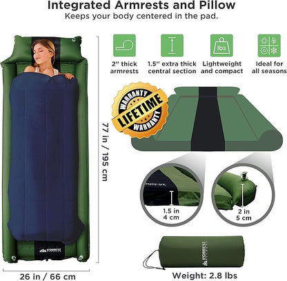IFORREST Camping Pad with Armrest & Pillow - Self-Inflating Air Mattress - Rollover Protection - Ultra-Comfortable Mat - Lightweight for Tent, Cot, Backpacking(L/XL)