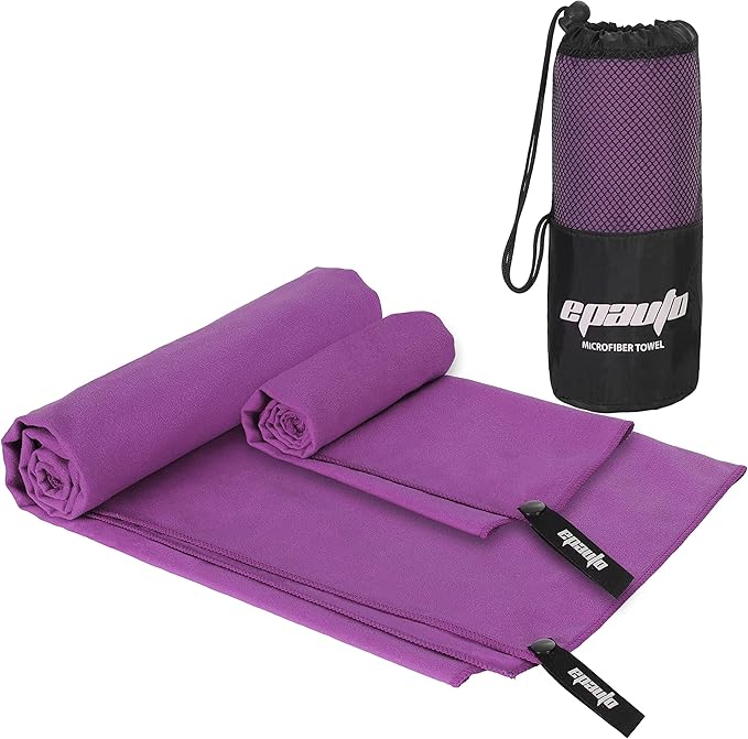 EPAuto 2-Pack Microfiber Fast Drying Travel Gym Towels, Purple, (60''x30'', 24''x15'')