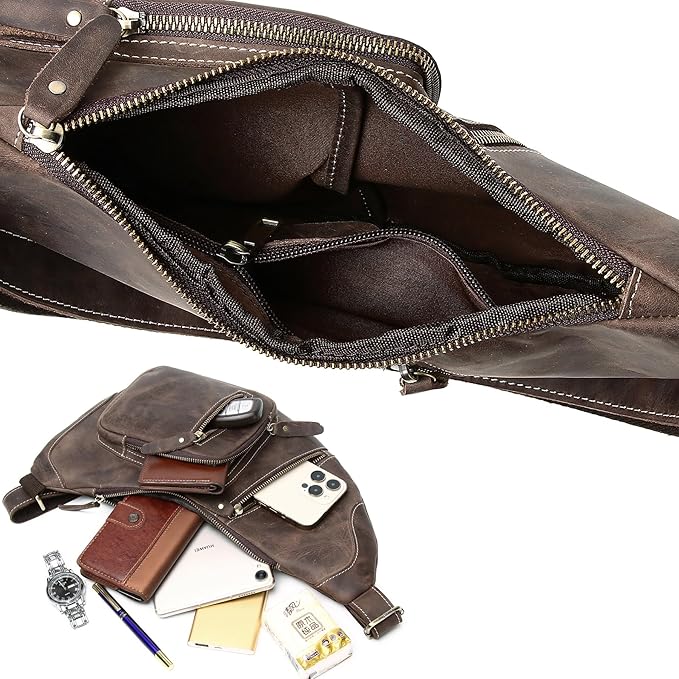 KPYWZER Full Grain Genuine Leather Sling Bag for Men Women Shoulder Backpack Satchel Crossbody Chest Casual Outdoor Daypack Deep Brown