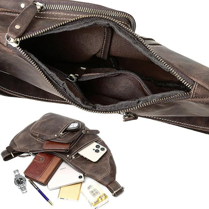 KPYWZER Full Grain Genuine Leather Sling Bag for Men Women Shoulder Backpack Satchel Crossbody Chest Casual Outdoor Daypack Deep Brown