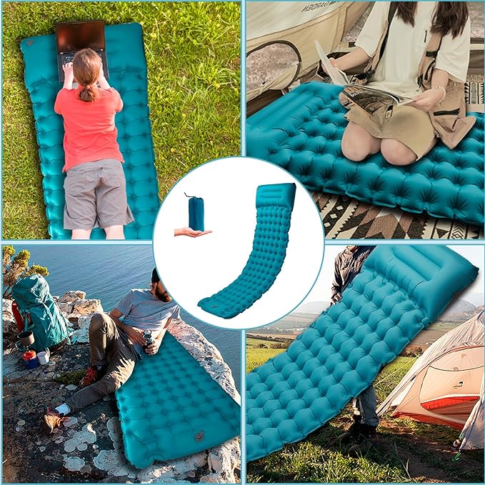 Camping Sleeping Pad, 4 Inch Inflatable Air Mattress Camping with Pillow Carry Bag, Backpacking Sleeping Mat Built-in Foot Pump Waterproof Sleeping Pad for Hiking,Camping, Traveling (Navy Blue)