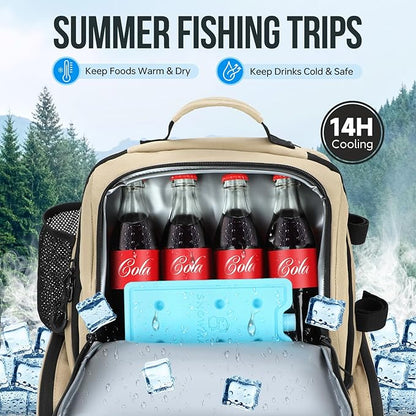 PLUSINNO Cooler Fishing Backpack with Rod Holders 45L Large Water-resistant Fishing Tackle bag Store Fishing Gear Fishing Gifts for Men Father