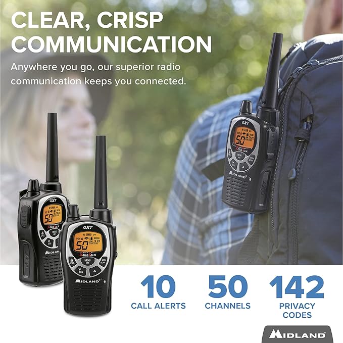 Midland GXT1000VP4 - 50 Channel GMRS Two-Way Radio - Long Range Walkie Talkie with 142 Privacy Codes, SOS Siren, and NOAA Weather Alerts and Weather Scan (Black/Silver, Pair Pack)