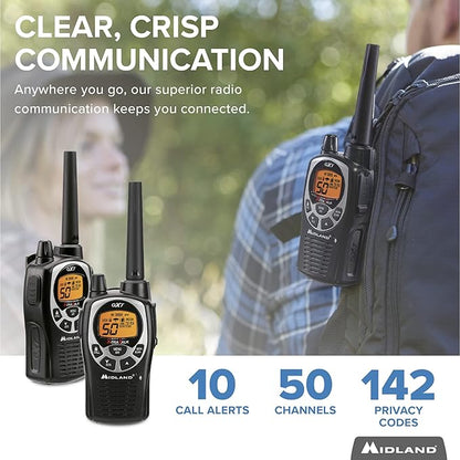 Midland GXT1000VP4 - 50 Channel GMRS Two-Way Radio - Long Range Walkie Talkie with 142 Privacy Codes, SOS Siren, and NOAA Weather Alerts and Weather Scan (Black/Silver, Pair Pack)