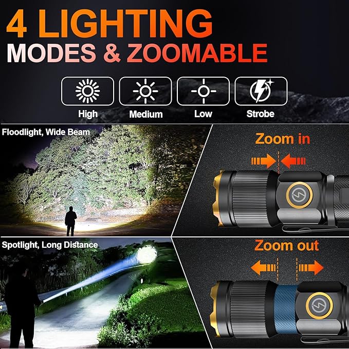 Rechargeable Flashlights High Lumens, Super Bright Small LED Flash Light, 26 Hours Long Lasting, 4 Lighting Modes, Magnetic Zoomable Pocket Flashlight for Emergencies Home Camping (2 Pack)