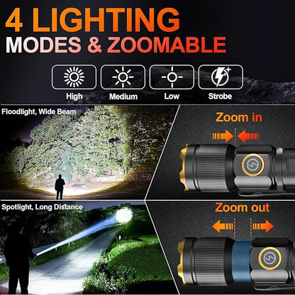 Rechargeable Flashlights High Lumens, Super Bright Small LED Flash Light, 26 Hours Long Lasting, 4 Lighting Modes, Magnetic Zoomable Pocket Flashlight for Emergencies Home Camping (2 Pack)