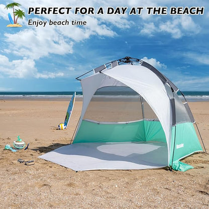 2-3 Person Large Instant Pop Up Beach Tent, UV Protection Portable Easy Setup Sun Shade Shelter, Extended Floor with 3 Ventilating Mesh Windows for Outdoor Camping Fishing (Green)