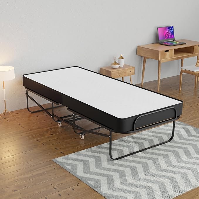 Greaton, 16-Inch Rollaway Folding Cot Bed with 5" Memory Foam Mattresses, Sturdy Metal Folding Frame, Fully Assembled, Great for Adults and Kids, Twin, White