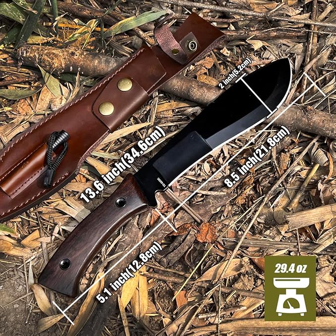 13.6" Full-Tang Hunting, Survival, Camping & Mountaineering Kukri Knife, Featuring Arced Blade, Rust Protection Coating, Ebony Grip and Leather Holster