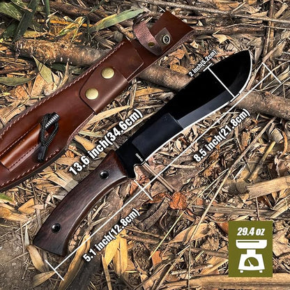 13.6" Full-Tang Hunting, Survival, Camping & Mountaineering Kukri Knife, Featuring Arced Blade, Rust Protection Coating, Ebony Grip and Leather Holster