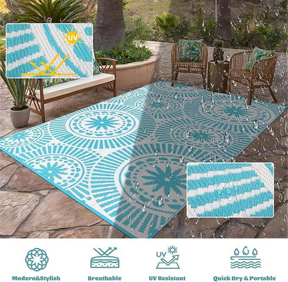 Ileading Reversible Plastic Outdoor Rug Modern Geometric Style Straw Mat, Waterproof Patios Carpet 6x9ft Non Shedding Portable Decor Area Rugs for Deck RV Picnic Beach Backyard (6' x 9'Teal)