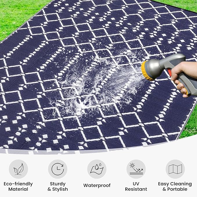 Smiry Outdoor Rug 6x9 ft, Waterproof Reversible Plastic Straw Rugs, Boho Outdoor Area Rug, Outside Floor Mat for Patio, Backyard, Deck, Picnic, Beach, Camping, Navy