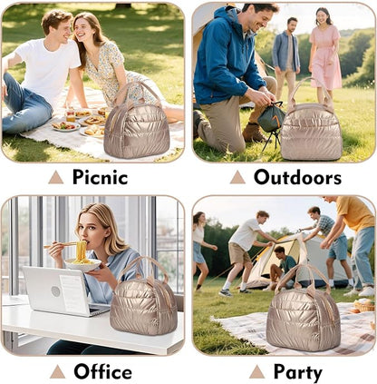 Lunch Bag Lunch Box for Women Men Adult Insulated Cute Small Quilted Puffer Lunchbox Reusable Thermal Lunch Cooler Tote Bag for Work, Picnic or Travel-Gold