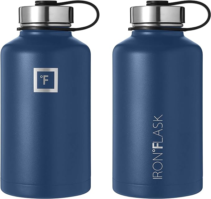 IRON °FLASK Camping & Hiking Hydration Flask, Wide Mouth, 3 Straw Lids, Stainless Steel Outdoor Water Bottle, Double Walled, Insulated Thermos, Metal Canteen - Twilight Blue, 64 Oz