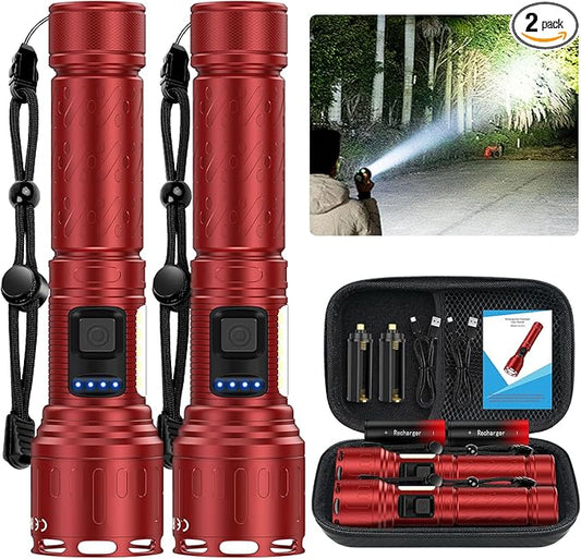Flashlights 100,000 High Lumens Rechargeable - Super Bright LED Magnetic Flashlight with Sidelight 8 Modes Waterproof Powerful Handheld Flash Light for Emergency (2 Pack with Leather Box, Red)