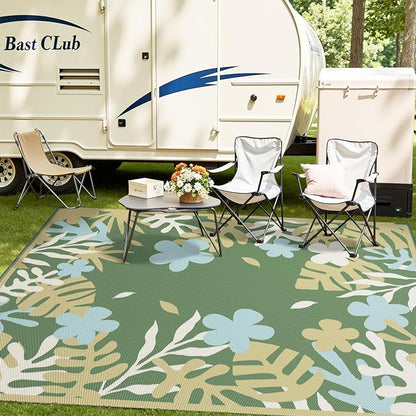 MontVoo Outdoor Rug Waterproof 8x10 ft RV Outdoor Rug for Camping Picnic Mat Outdoor Patio Rug Carpet Plastic Straw Reversible Floral Green Yellow