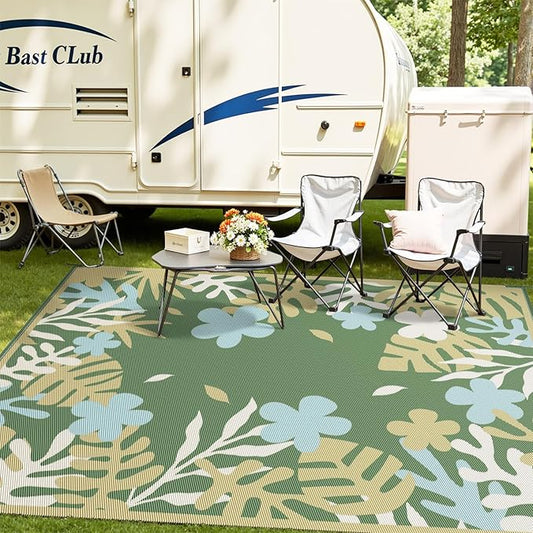 MontVoo Outdoor Rug Waterproof 8x10 ft RV Outdoor Rug for Camping Picnic Mat Outdoor Patio Rug Carpet Plastic Straw Reversible Floral Green Yellow