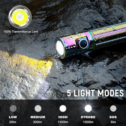 EDC Rechargeable Flashlight, 310m Throw 1300 High Lumens LED Pocket Flash Light with Magnetic Base, Compact Waterproof Small Powerful Light for Home, Camping, Emergencies-Rainbow