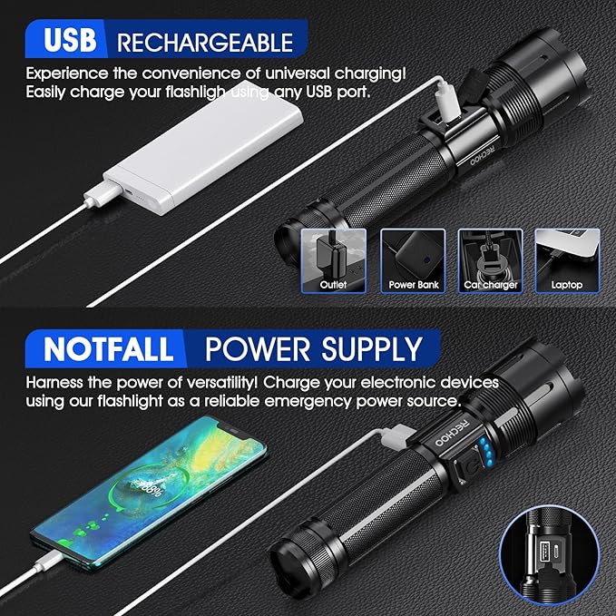 RECHOO Rechargeable Flashlights High Lumens, 10000 Lumens Tactical Flashlights, Super Bright LED Flashlight with 5 Mode & Zoomable, IP65 Waterproof Flash Light for Camping, Hiking, Emergency, Home
