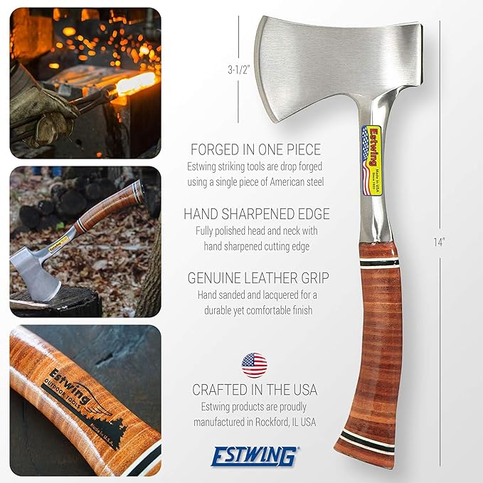 Estwing Sportsman's Axe - 14" Camping Hatchet with Forged Steel Construction & Genuine Leather Grip - E24A
