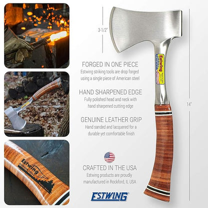 Estwing Sportsman's Axe - 14" Camping Hatchet with Forged Steel Construction & Genuine Leather Grip - E24A