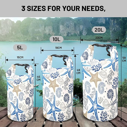 Waterproof Dry Bag,Roll Top Coral Starfish Coastal Waterproof Backpack 5L/10L/20L Floating and Lightweight Bags for Kayaking, Boating, Fishing, Swimming and Camping with Waterproof Phone Case