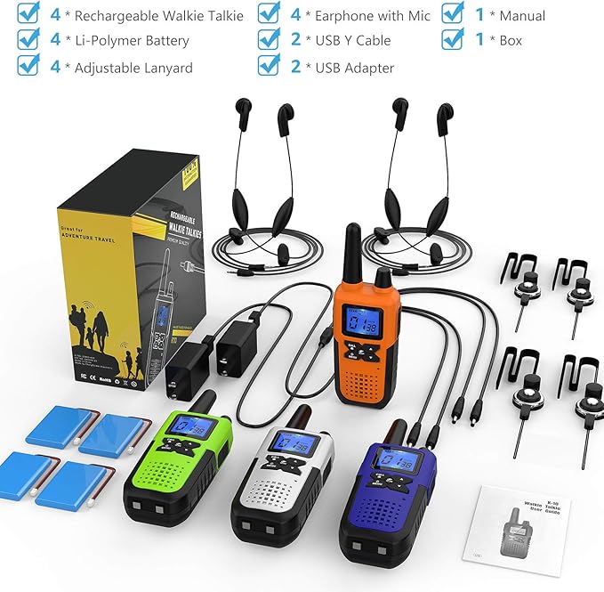 4 Long Range Walkie Talkies Rechargeable for Adults - NOAA 2 Way Radios Walkie Talkies 4 Pack - Long Distance Walkie-Talkies with Earpiece and Mic Set Headset USB Charger Battery Weather Alert