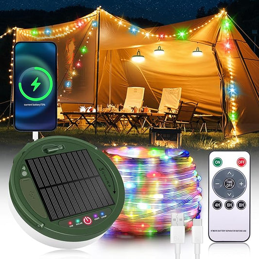 Camping String Lights,Solar Rechargeable Portable Outdoor LED String Light with Remote Control(39.4 Ft Multicolored Lights),Yard Tent Hanging Garden Party Festival Deco String Lights