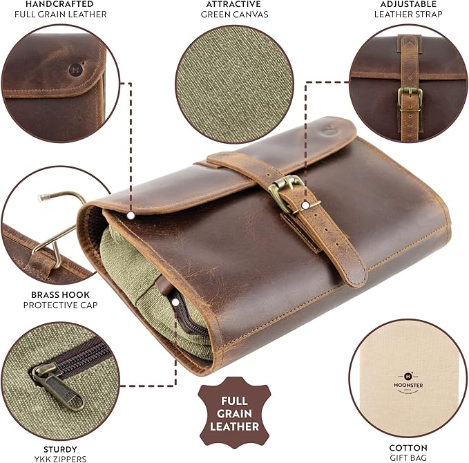 moonster Hanging Toiletry Bag for Men & Women, Leather Toiletry Bag for Men, Mens Toiletry Bags for Traveling, Hanging Travel Toiletry Bag, Mens Travel Bag Toiletry, Dopp Kit Shower Bags for Men