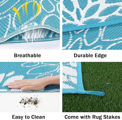 Ileading Reversible Outdoor Rug 9x12Ft Waterproof Patio Rug Carpet Portable Outdoor Plastic Straw Rug Large RV Camping Mat Rug for Patio, Clearance, Deck, Beach, Porch, Camping, Picnic, Teal