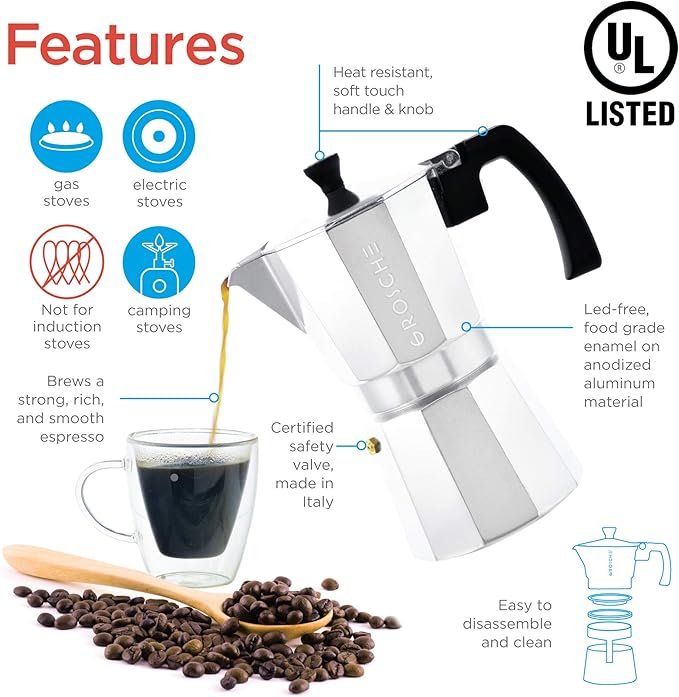 GROSCHE Milano Moka Pot | 3 Espresso Cup - 5 oz | Stovetop Espresso Percolator & Coffee Maker – Portable, Ideal for Home and Camping