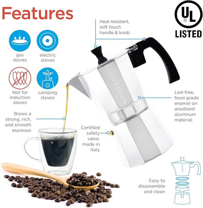 GROSCHE Milano Moka Pot | 3 Espresso Cup - 5 oz | Stovetop Espresso Percolator & Coffee Maker – Portable, Ideal for Home and Camping