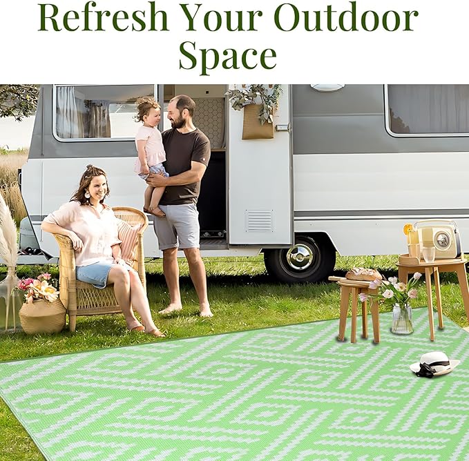 OPPODREAM Outdoor Rug 8x10 Patio Waterproof, Large Outdoor Plastic Straw Rug, Reversible Out Door Carpet for Camping, Deck, Rv, 8 x 10 Area Carpet for Balcony, Porch, Backyard, White and Green