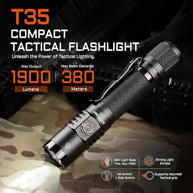 ACEBEAM T35 Tactical EDC Flashlight Gifts for Men, 1900 High Lumens Flashlight Rechargeable, Dual Switches Tactical Flashlight, Super Bright Pocket LED Flashlight for Emergency, Camping