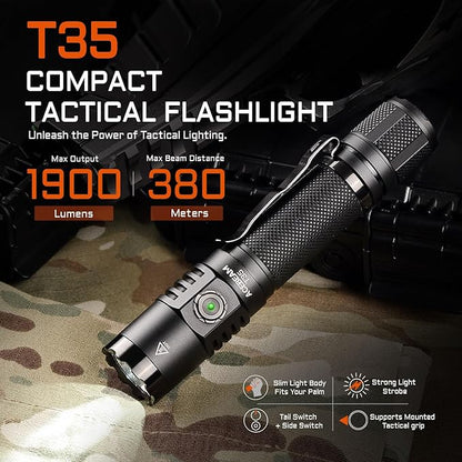 ACEBEAM T35 Tactical EDC Flashlight Gifts for Men, 1900 High Lumens Flashlight Rechargeable, Dual Switches Tactical Flashlight, Super Bright Pocket LED Flashlight for Emergency, Camping