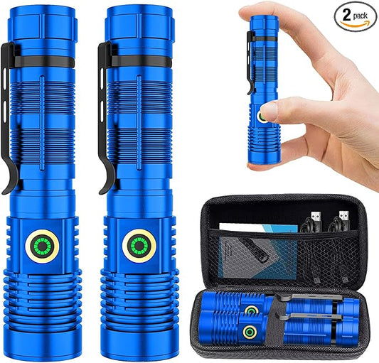 Rechargeable Flashlight High Lumens, 12000 High Lumens Super Bright Flash Light, 1500 Meter Long-Range Zoomable LED Flashlights for Emergency, EDC, Searching, Waterproof Flashlight Dimmable Blue Pcs