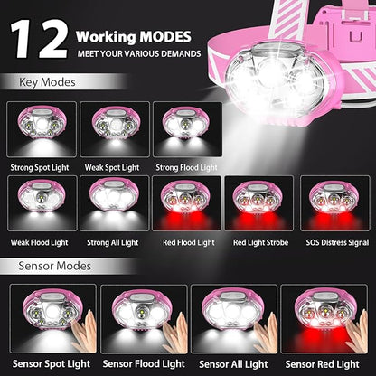Rechargeable Headlamp,20000 High Lumen Bright 5 LED Head Lamp with Red White Light,IPX4 Waterproof Headlight,8 Mode Head Flashlight for Outdoor Running Hunting Fishing Hiking Camping Gear-Pink