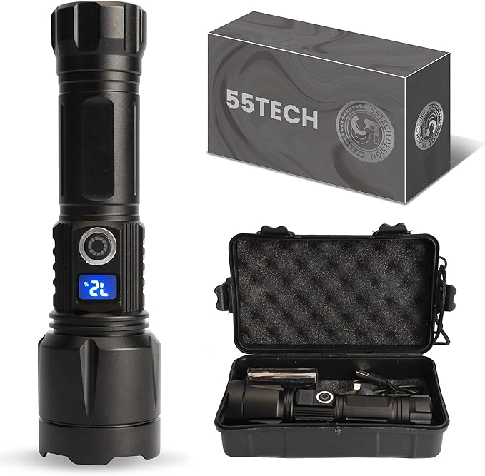 Super Bright LED Flashlight Handheld Tactical for Home Office car Camping Fishing Outdoor Emergency use, Water Resistance, zoomable 24 Hours Battery Life, Storage case 5 Mode. Power Display