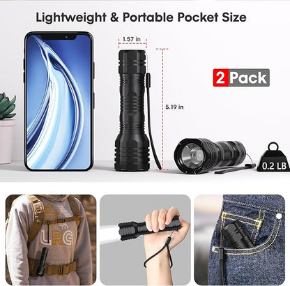 Roxicosly 2 Pack Rechargeable LED Flashlights, Small Handheld Flashlights for Home Emergencies, Powerful Flashlights with 2000mAh Built-in Battery, IP68 Waterproof