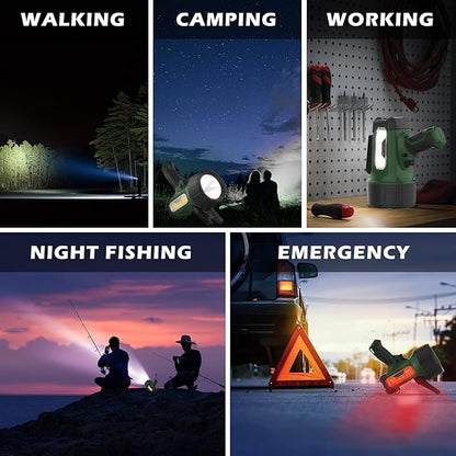 FORTO Rechargeable Spotlight Flashlight with 2000 Lumens, Handheld Spotlight with Foldable Stand, 6 Light Modes IPX7 Waterproof LED Spot Lights Outdoor for Boating Hunting Hiking(Dark Green)