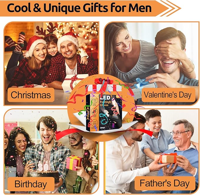 KFK Gifts for Men, LED Flashlight Gloves Gifts for Him,Mens Gifts for Father's Day, Birthday, Dad, Husband, Handyman