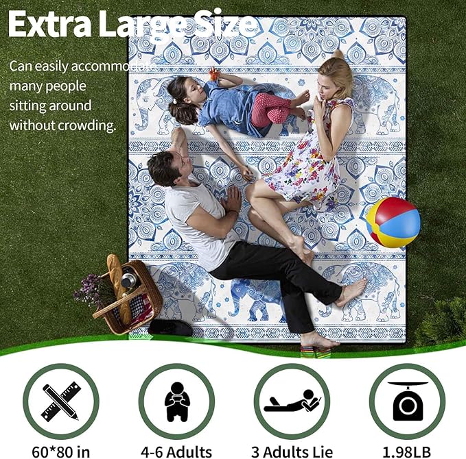 Picnic Blankets Beach Blanket 60"x80" Sand Free Waterproof Outdoor Oversized Foldable Park Lawn Mat Camping Necessities Travel RV Supplies Vacation Trip Camp Stuff Camper Couples Gift Ideas