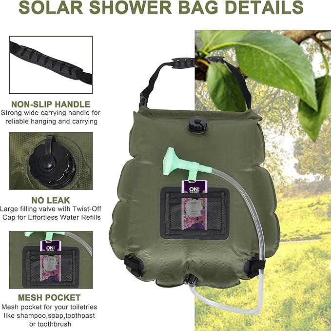 Solar Shower Bag 5 Gallon,Portable Green Camping Shower Bag, 1 Pack Camping Shower Kit with Hose, On-Off Switchable Head for Beach, Swimming, Travel, Hiking