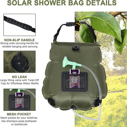 Solar Shower Bag 5 Gallon,Portable Green Camping Shower Bag, 1 Pack Camping Shower Kit with Hose, On-Off Switchable Head for Beach, Swimming, Travel, Hiking