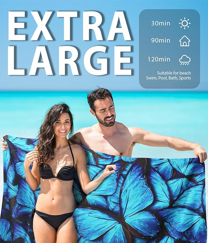Microfiber Beach Towel – Blue Butterfly Quick Dry Lightweight Sand Free Oversized Large Towel Accessories Travel Must Have Swim Pool Yoga Camping Gear Summer Cruise Ship Essentials Cloud Compact Gift